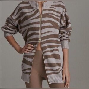 Varley Mayberry Merino Wool Longline Two-Way Zip Cardigan Zebra Print Size Small